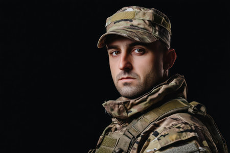 Serious military man in camouflage uniform poses confidently on dark background, symbolizing service, courage, and defense.の素材