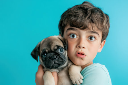 Boy with unimpressed look while holding small dog. Pet frustration and cute emotion clash in fun photo.の素材