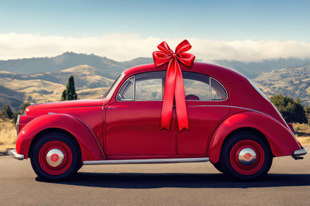 Shiny new car presented with large red ribbon, symbolizing celebration, gift-giving, success, or dealership promotion.の素材