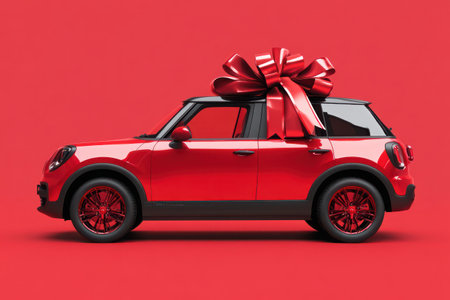 Side view of modern car with big red bow on roof, isolated on solid background, symbolizing gift or celebration.の素材