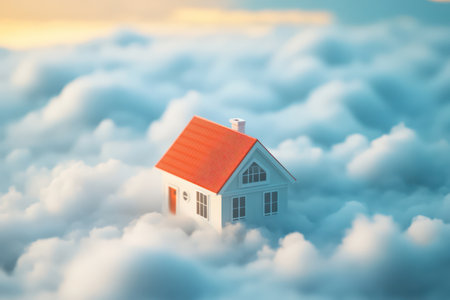 A white abstract house floats in clouds, representing dream home, safety, or home insurance and real estate protection.の素材