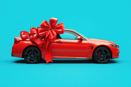 Side view of modern car with big red bow on roof, isolated on solid background, symbolizing gift or celebration.の素材