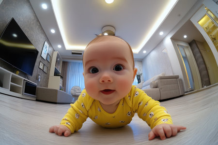 Wide-angle photo of baby looking at camera in a modern gray and yellow living room, with toys and bright decor.の素材