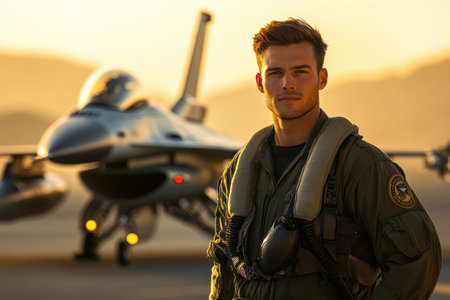 Confident male pilot in uniform poses before a fighter jet, representing aviation, military strength, and professionalism.の素材