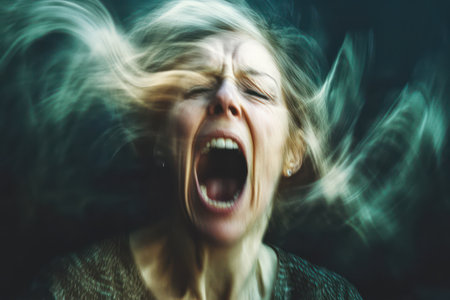 Blurred profile of distressed woman expresses inner conflict, menopausal symptoms, or hormonal imbalance in intense visual form.の素材