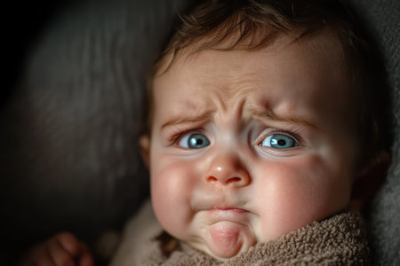 An emotional image of a baby crying intensely, eyes shut tight, conveying discomfort, vulnerability, and raw emotion.の素材