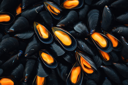 Seafood display of mussels with orange flesh in elegant pattern. Fresh ocean ingredients for gourmet cooking or menus.の素材