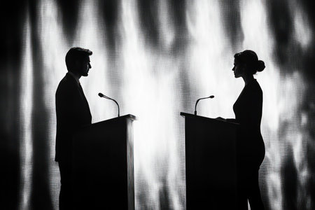 Dramatic silhouette of male and female figures facing off at podiums, symbolizing gender dynamics and political discourse.の素材