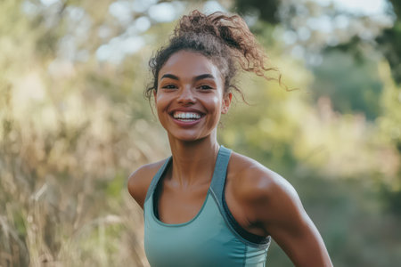 Fit young woman jogging outdoors in a lush green park, embracing fitness, nature, and personal wellness journey.の素材