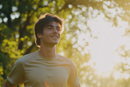 Energetic young man jogging outdoors on a sunlit path, training in nature for marathon and healthy lifestyle goals.の素材