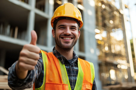 Confident male builder in safety gear at construction site showing thumbs up, representing approval, success, and hard work.の素材