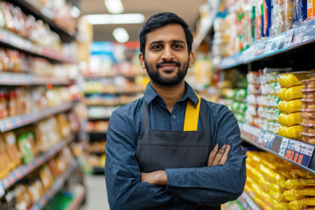 Professional retail employee in store uniform standing ready to help customers, representing service, professionalism, and hospitality.の素材