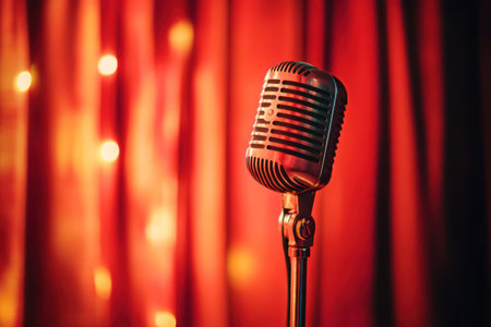 Retro microphone stands under stage lights with rich red velvet curtains behind. Evokes mood of cabaret, performance, and music.の素材
