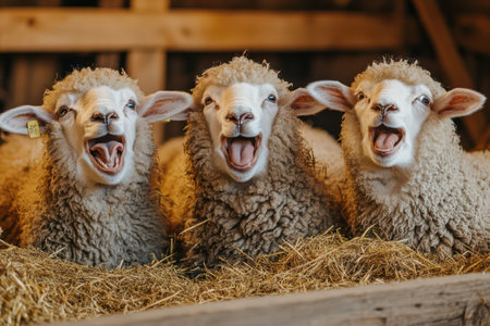 Group of sheep appear to be laughing inside a farm stable. Light-hearted animal humor and rural lifestyle.の素材