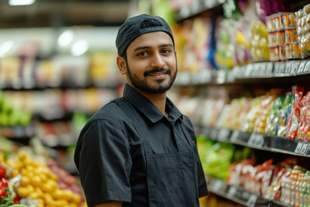 Professional retail employee in store uniform standing ready to help customers, representing service, professionalism, and hospitality.の素材