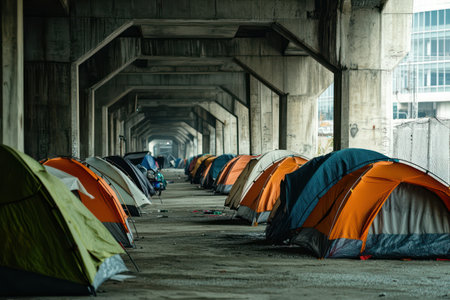 A row of tents under a city bridge shows urban homelessness, unemployment, and social inequality in a modern metropolitan area.の素材