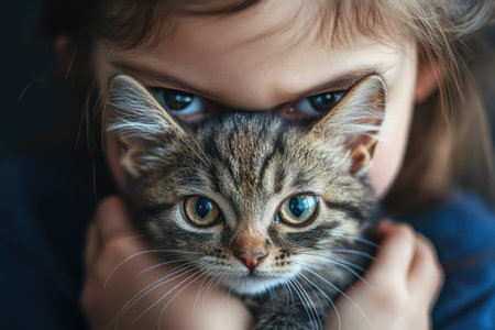 Little girl looking annoyed while holding a cat. Contrast of cuteness and irritation in clean studio setting.の素材