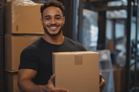 Smiling man prepares product boxes in warehouse for shipping, working on his e-commerce startup in productive workspace.の素材