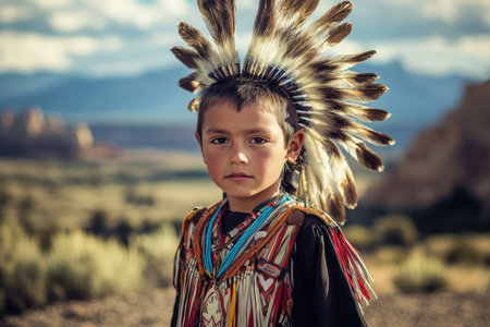 Young Native American boy in ceremonial clothing stands proudly with breathtaking mountain scenery behind him, honoring heritage and nature.の素材