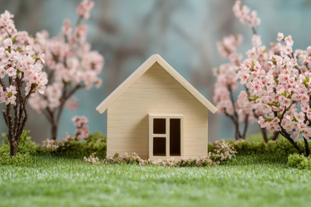 Miniature house with cherry blossoms on grass, symbolizing eco-friendly housing, spring season, and sustainable living.の素材
