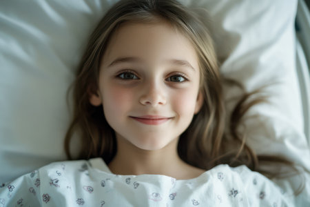 A gentle young girl lies in a hospital bed, appearing calm and relaxed, representing healing, innocence, and restful care.の素材
