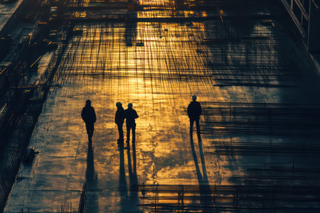 Silhouettes of workers on construction site during sunset. Industrial scene showing teamwork, steel structures, and urban development.の素材