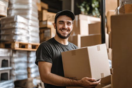 Smiling man prepares product boxes in warehouse for shipping, working on his e-commerce startup in productive workspace.の素材