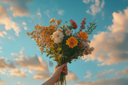 A hand holding a bouquet of flowers is silhouetted against a warm, evening sky, capturing serenity and emotional symbolism in nature.の素材