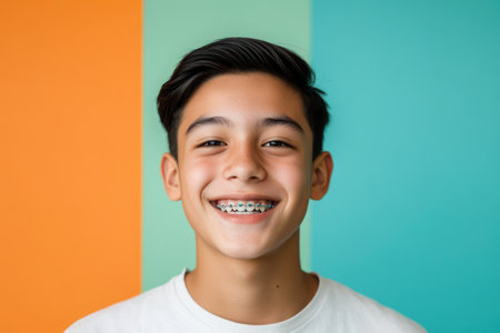 Close-up portrait of a happy teenage boy with braces and dimples, standing against a vibrant colorful background with soft lighting.の素材