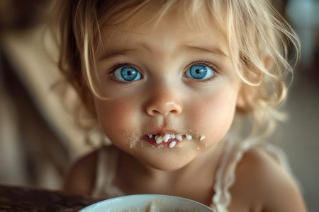 Close-up of young child eating breakfast with grains on face, soft natural sunlight in cozy kitchen environment.の素材
