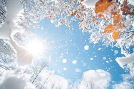 Low angle view of snow gently falling under sunny sky in autumn, contrasting warmth of light and cold of snow.の素材