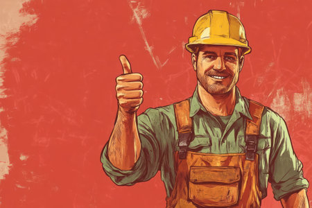 Male laborer in safety gear stands at a demolition site, representing building teardown, construction process, and manual work.の素材