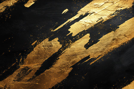 Artistic gold paint streak over a black grunge surface, creating a bold, luxurious, and high-contrast abstract visual effect.の素材