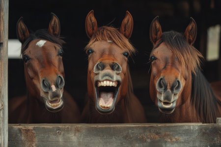 Three smiling brown horses in a stable look like they laughing. Humorous animal portrait with farm vibes.の素材