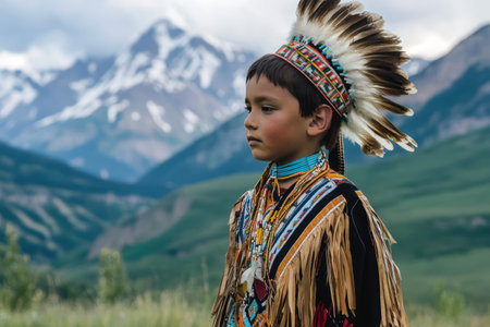 Young Native American boy in ceremonial clothing stands proudly with breathtaking mountain scenery behind him, honoring heritage and nature.の素材