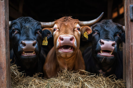 Three bulls in a barn appear to be laughing, showing teeth. Light-hearted animal humor and rural charm.の素材
