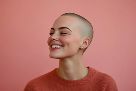 Confident bald woman smiles warmly against pastel backdrop, representing beauty, strength, resilience, and self-acceptance.の素材