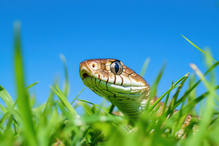 A peaceful snake lies still in lush grass beneath a clear blue sky, surrounded by warm daylight and tranquil scenery.の素材