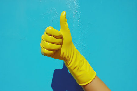 A bright yellow gloved hand gives a cheerful thumbs up, symbolizing positivity, approval, or satisfaction on a vibrant blue backdrop.の素材