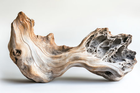 A weathered driftwood lies on soft sand, showcasing nature artistry shaped by ocean waves and coastal erosion.の素材