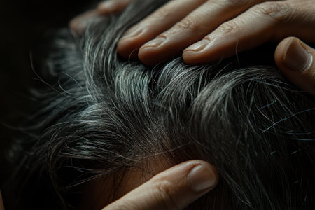Close-up of dark hair beginning to gray as hands gently part the strands, highlighting natural aging and texture with soft light.の素材