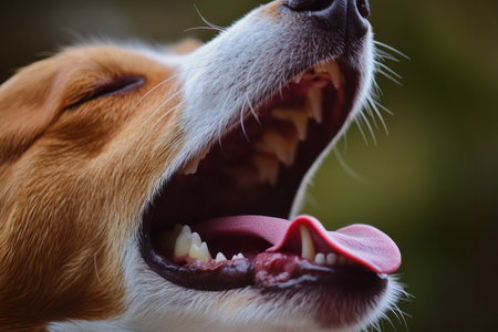 Detailed close-up of a dog mouth opened wide, revealing its teeth and tongue in a natural and expressive animal moment.の素材