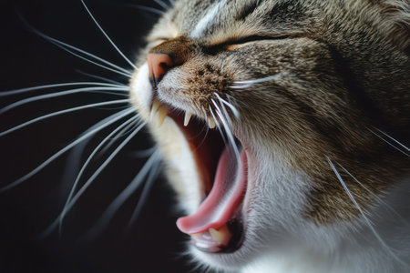 Detailed close-up of a cat mouth opened wide, revealing its teeth and tongue in a natural and expressive animal moment.の素材