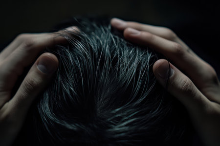 Close-up of dark hair beginning to gray as hands gently part the strands, highlighting natural aging and texture with soft light.の素材