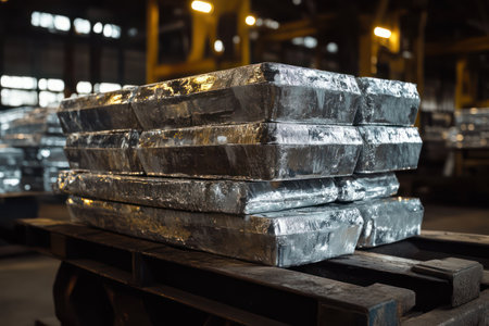 A stack of shiny silver ingots cools under industrial lights on a metal pallet in a realistic smelting and refining environment.の素材