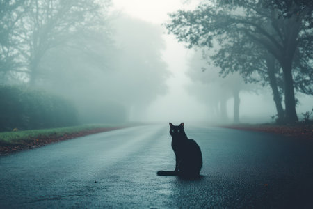 An intense close-up of a black cat sitting alone in a misty road, creating a moody, cinematic, and mysterious scene.の素材