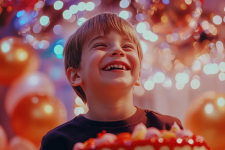 Cheerful boy enjoys birthday party with smiling kids, vibrant balloons, and cake with candles in joyful festive atmosphere.の素材