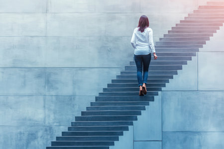Focused businesswoman climbing high steps, representing determination, career development, business ambition, and professional achievement.の素材