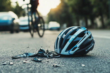 Helmet lies on pavement next to damaged bicycle after a crash in urban street, emphasizing safety and accident awareness.の素材