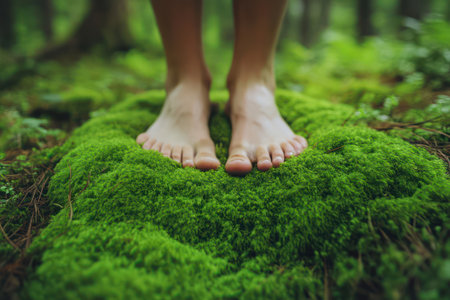 Close-up of barefoot person walking on soft green moss, connecting with nature and enjoying peaceful forest environment.の素材
